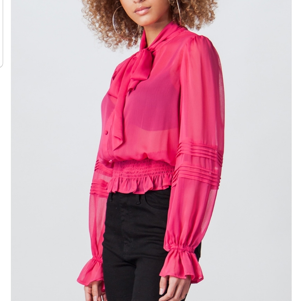 Jealous Tomato Sheer Blouse w/Bowtie & Peasant Sleeves - Picture 3 of 16